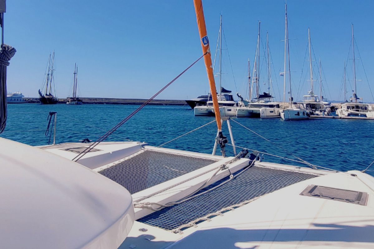 Deck of Stema, a Excess 11 catamaran at Athens, Greece