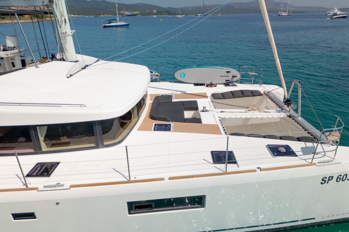 Deck of Big Mama, a Lagoon 52F catamaran at Olbia, Italy