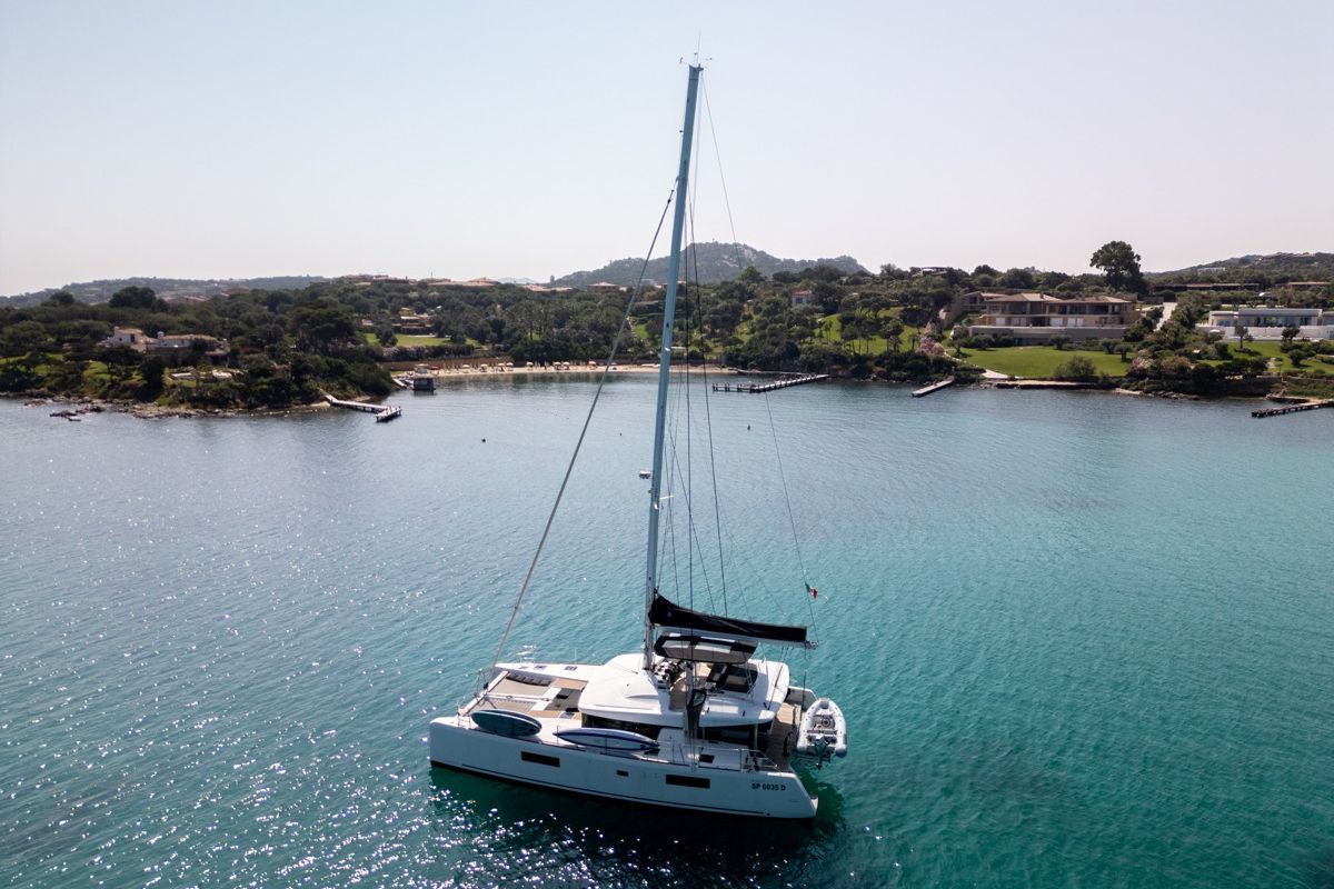 Exterior view of Big Mama, a Lagoon 52F catamaran at Olbia, Italy