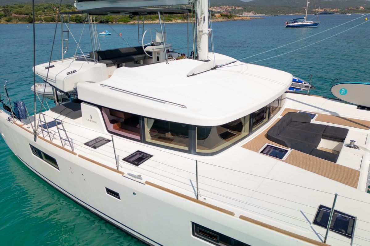Exterior view of Big Mama, a Lagoon 52F catamaran at Olbia, Italy