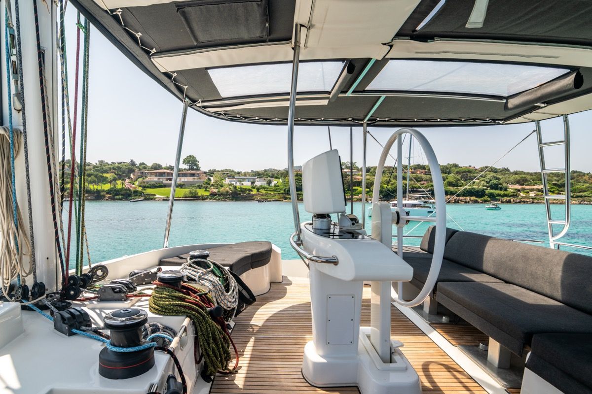 Cockpit of Big Mama, a Lagoon 52F catamaran at Olbia, Italy