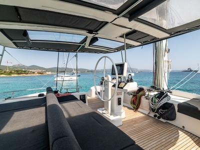 Cockpit of Big Mama, a Lagoon 52F catamaran at Olbia, Italy
