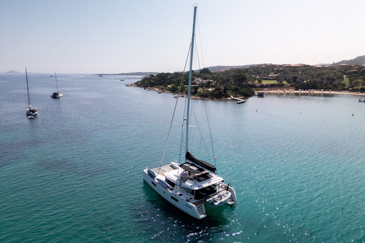 Exterior view of Big Mama, a Lagoon 52F catamaran at Olbia, Italy