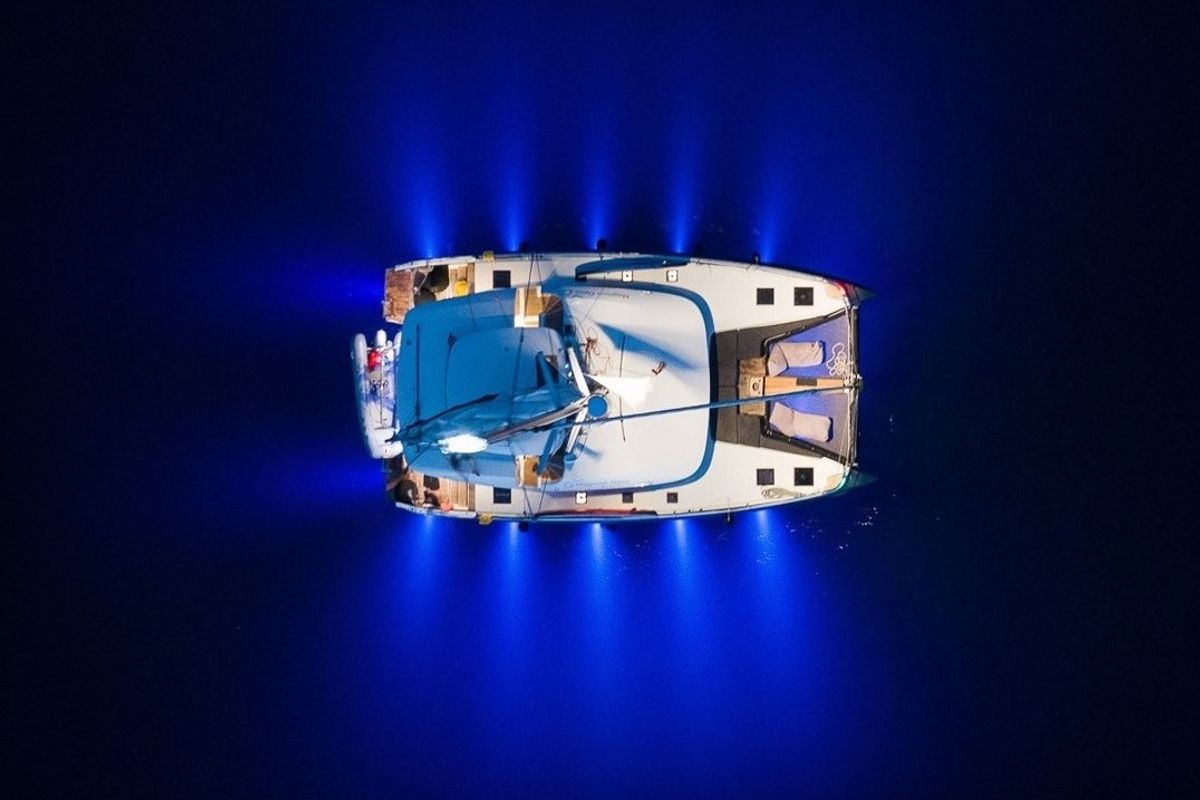 Exterior view of Magnum Opus, a Lagoon 50 catamaran at Preveza, Greece