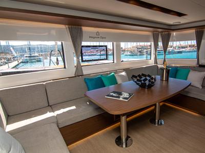 Salon of Magnum Opus, a Lagoon 50 catamaran at Preveza, Greece