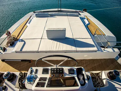 Cockpit of Magnum Opus, a Lagoon 50 catamaran at Preveza, Greece