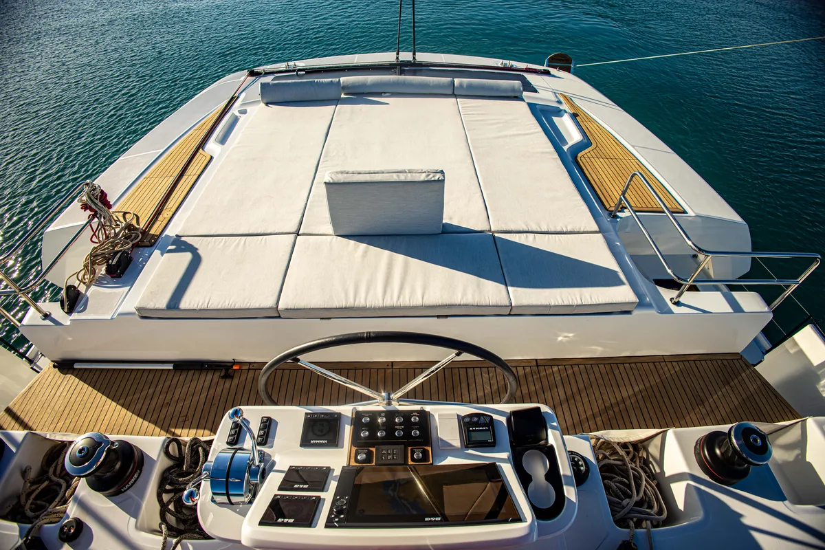 Cockpit of Magnum Opus, a Lagoon 50 catamaran at Preveza, Greece