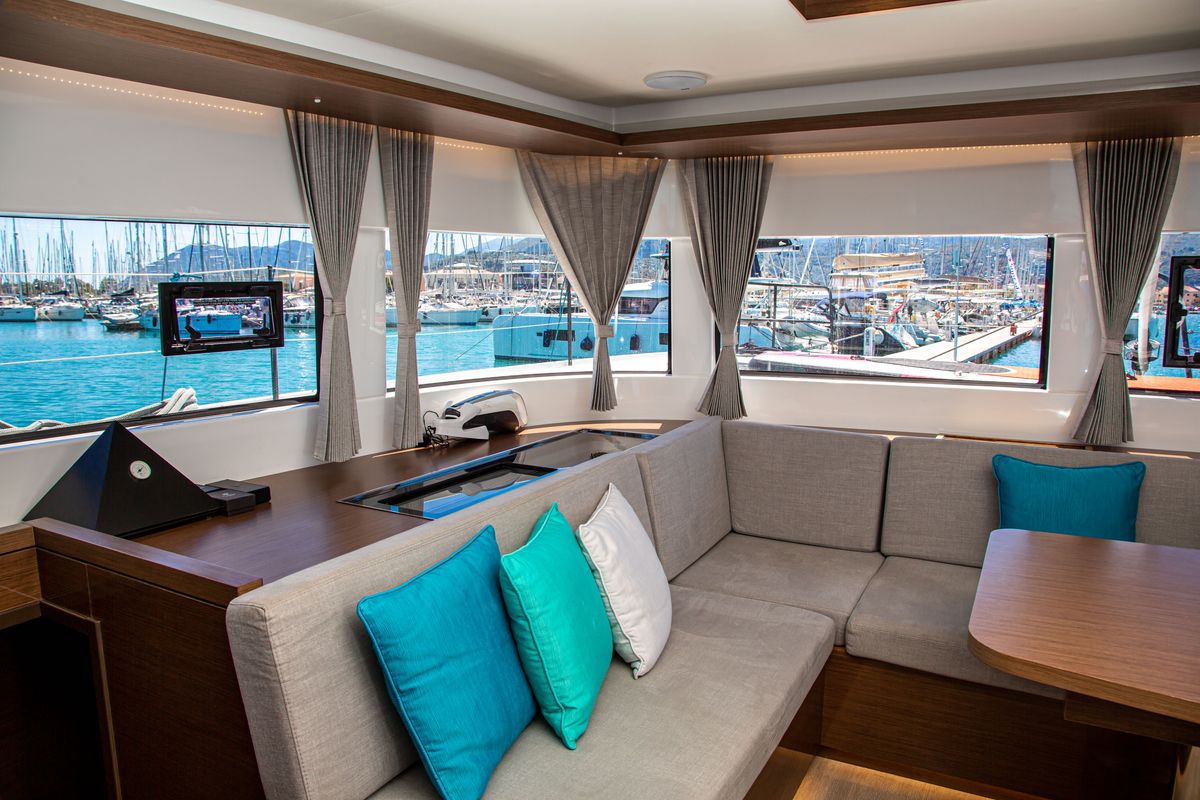 Salon of Magnum Opus, a Lagoon 50 catamaran at Preveza, Greece