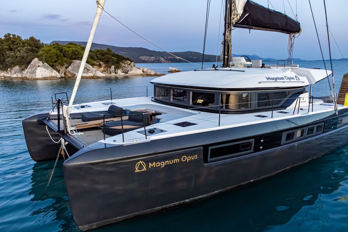 Exterior view of Magnum Opus, a Lagoon 50 catamaran at Preveza, Greece