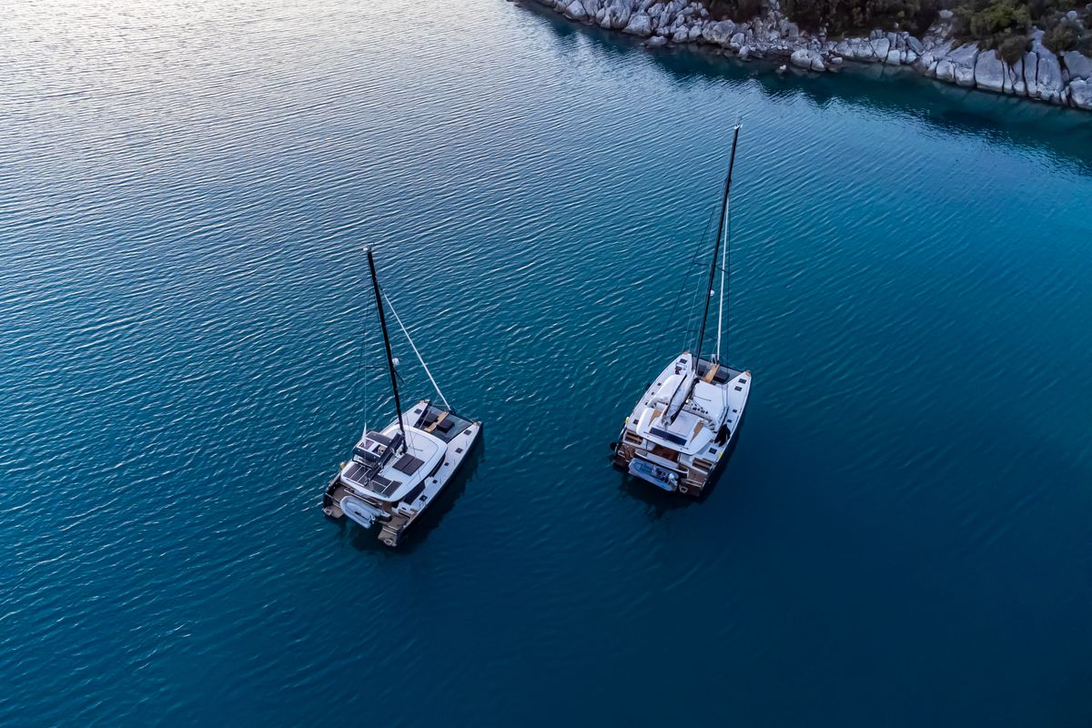 Exterior view of Magnum Opus, a Lagoon 50 catamaran at Preveza, Greece