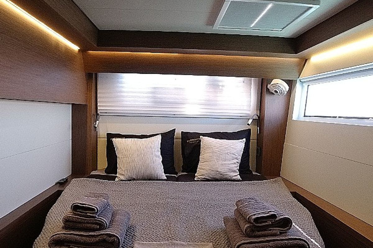 Cabin on Magnum Opus, a Lagoon 50 catamaran at Preveza, Greece