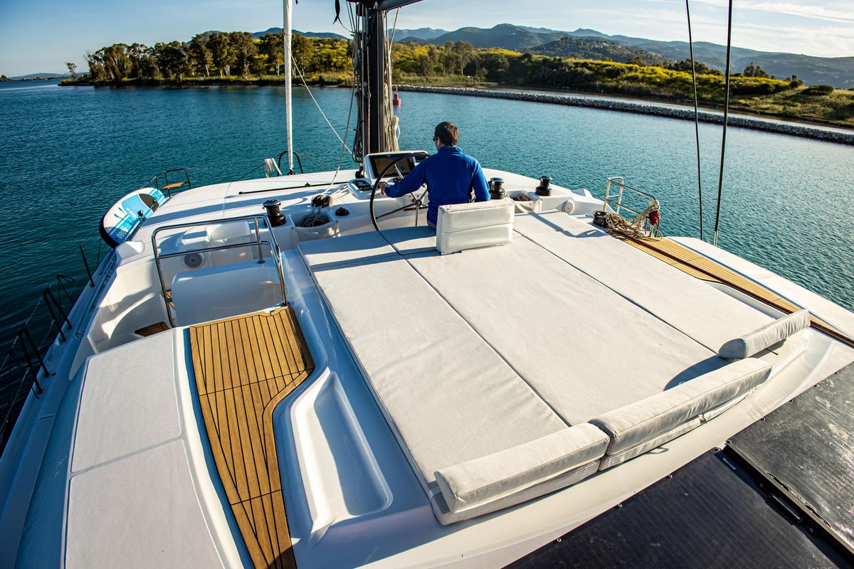 Cockpit of Magnum Opus, a Lagoon 50 catamaran at Preveza, Greece