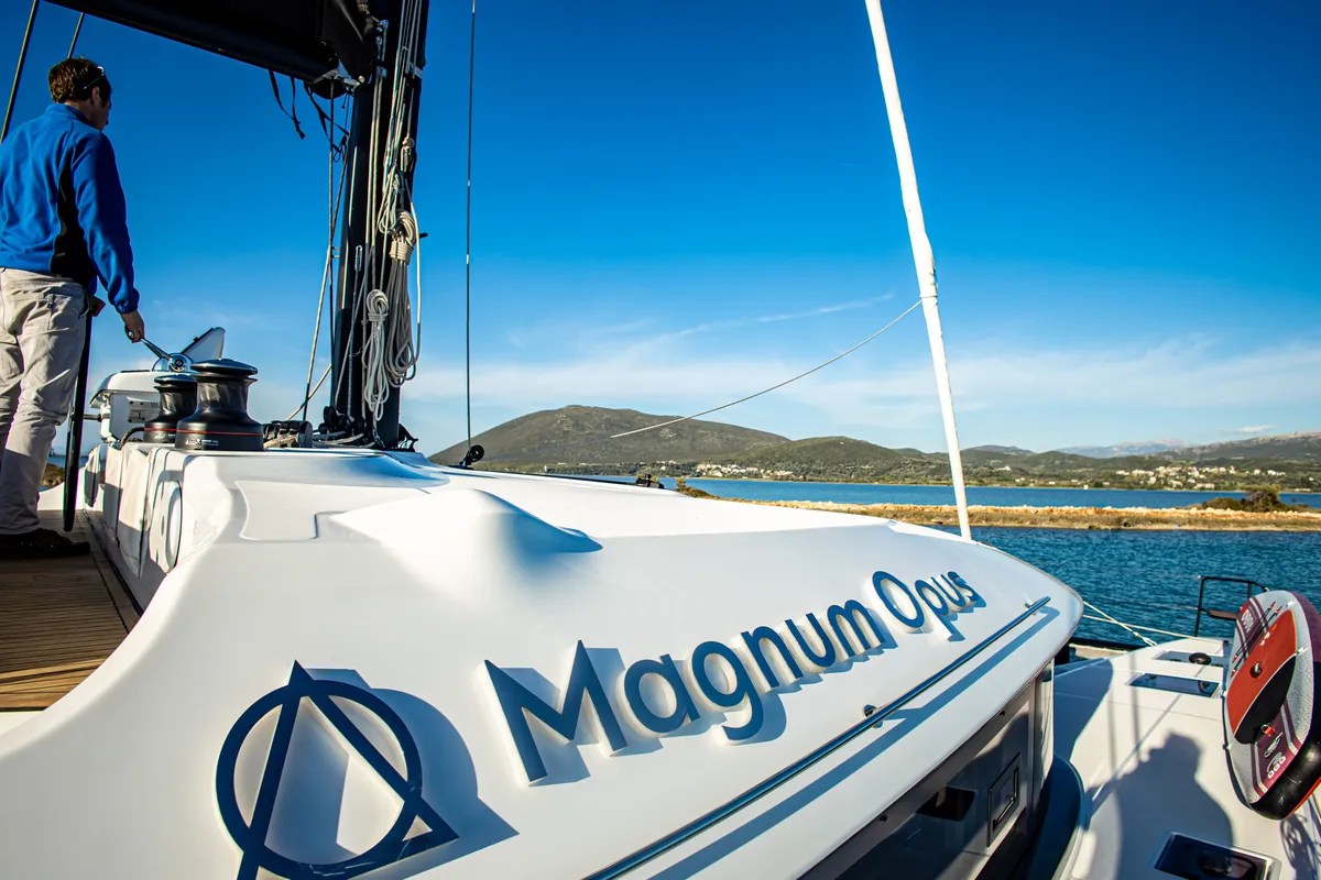 Deck of Magnum Opus, a Lagoon 50 catamaran at Preveza, Greece