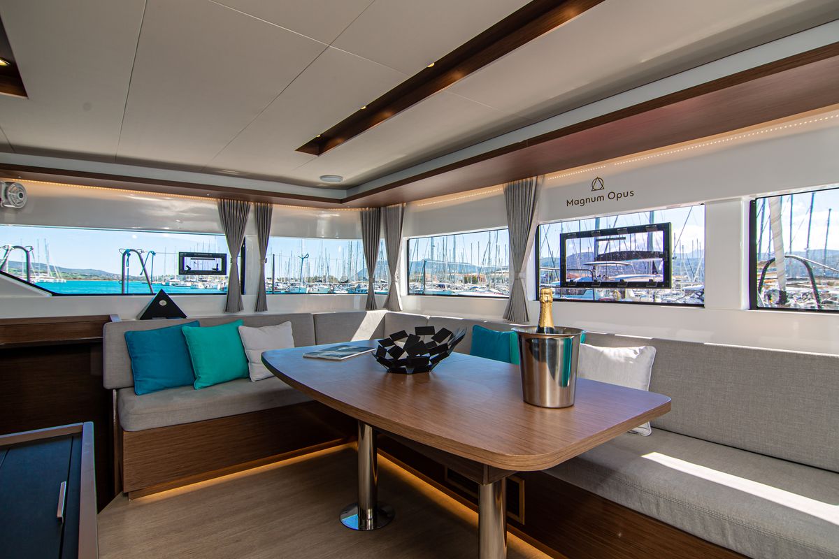 Salon of Magnum Opus, a Lagoon 50 catamaran at Preveza, Greece