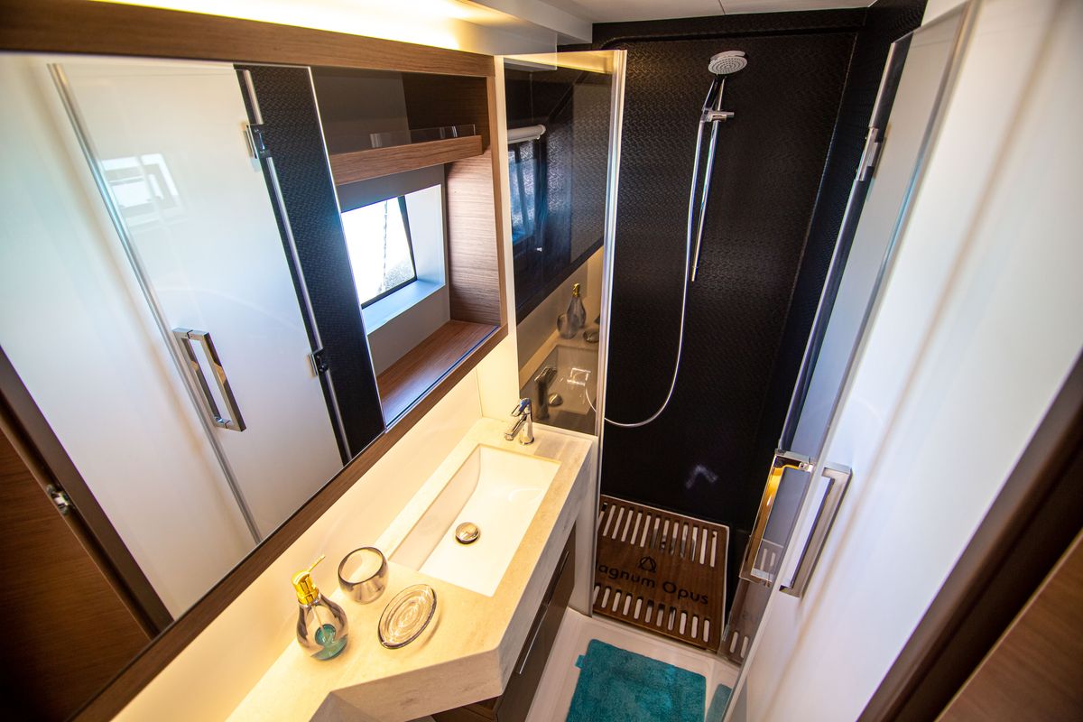 Head on Magnum Opus, a Lagoon 50 catamaran at Preveza, Greece