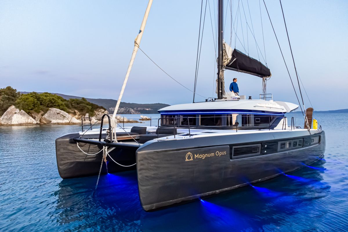 Exterior view of Magnum Opus, a Lagoon 50 catamaran at Preveza, Greece