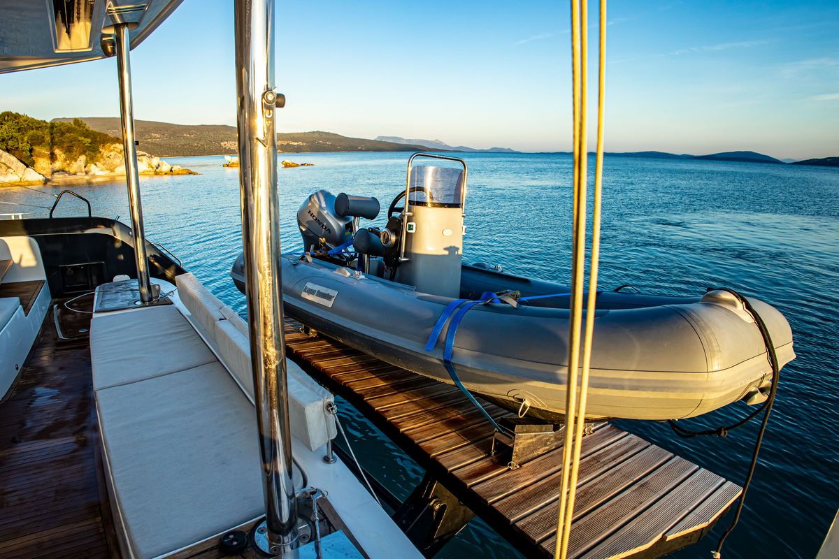 Deck of Magnum Opus, a Lagoon 50 catamaran at Preveza, Greece