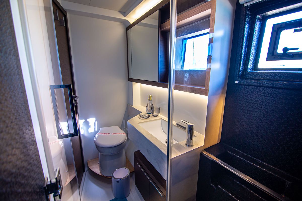 Head on Magnum Opus, a Lagoon 50 catamaran at Preveza, Greece