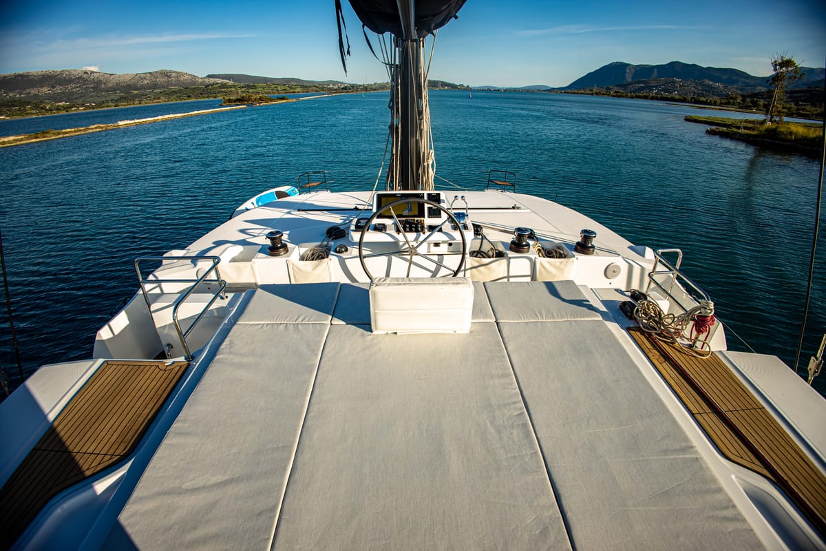 Cockpit of Magnum Opus, a Lagoon 50 catamaran at Preveza, Greece