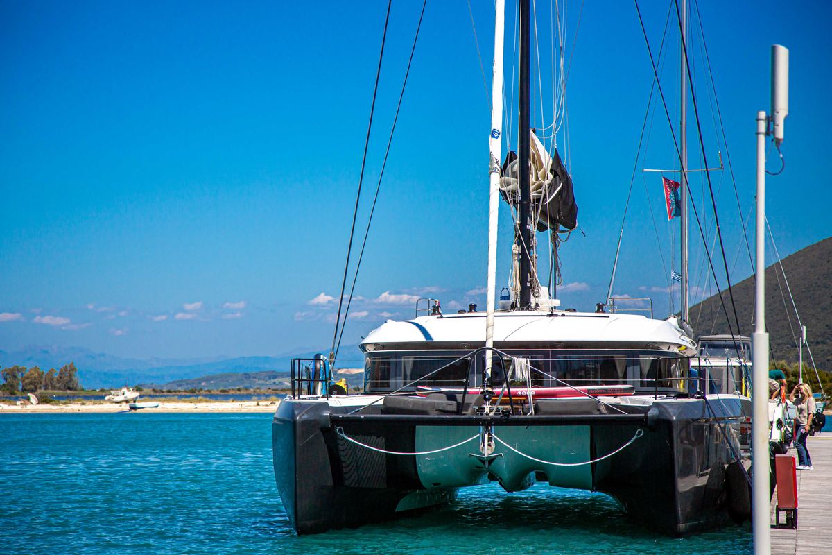 Exterior view of Magnum Opus, a Lagoon 50 catamaran at Preveza, Greece