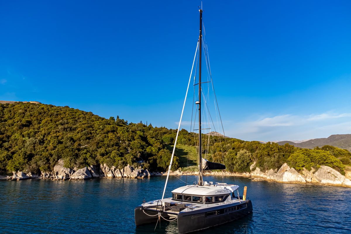 Exterior view of Magnum Opus, a Lagoon 50 catamaran at Preveza, Greece