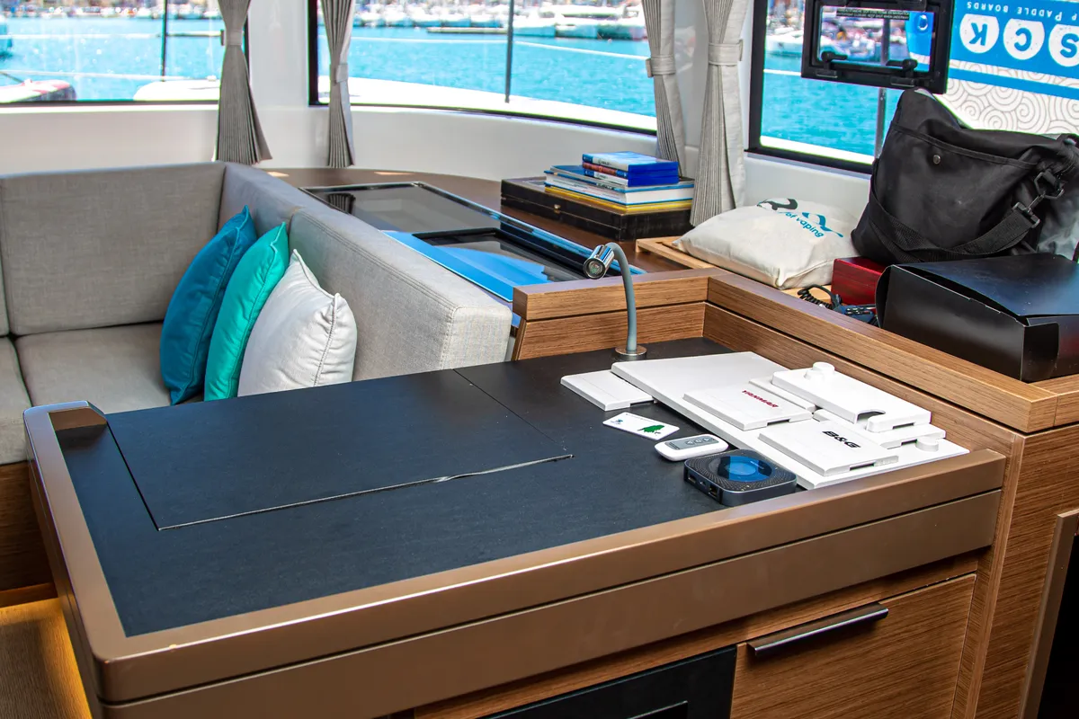 Salon of Magnum Opus, a Lagoon 50 catamaran at Preveza, Greece