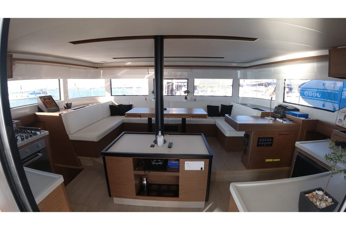 Salon of Magnum Opus, a Lagoon 50 catamaran at Preveza, Greece