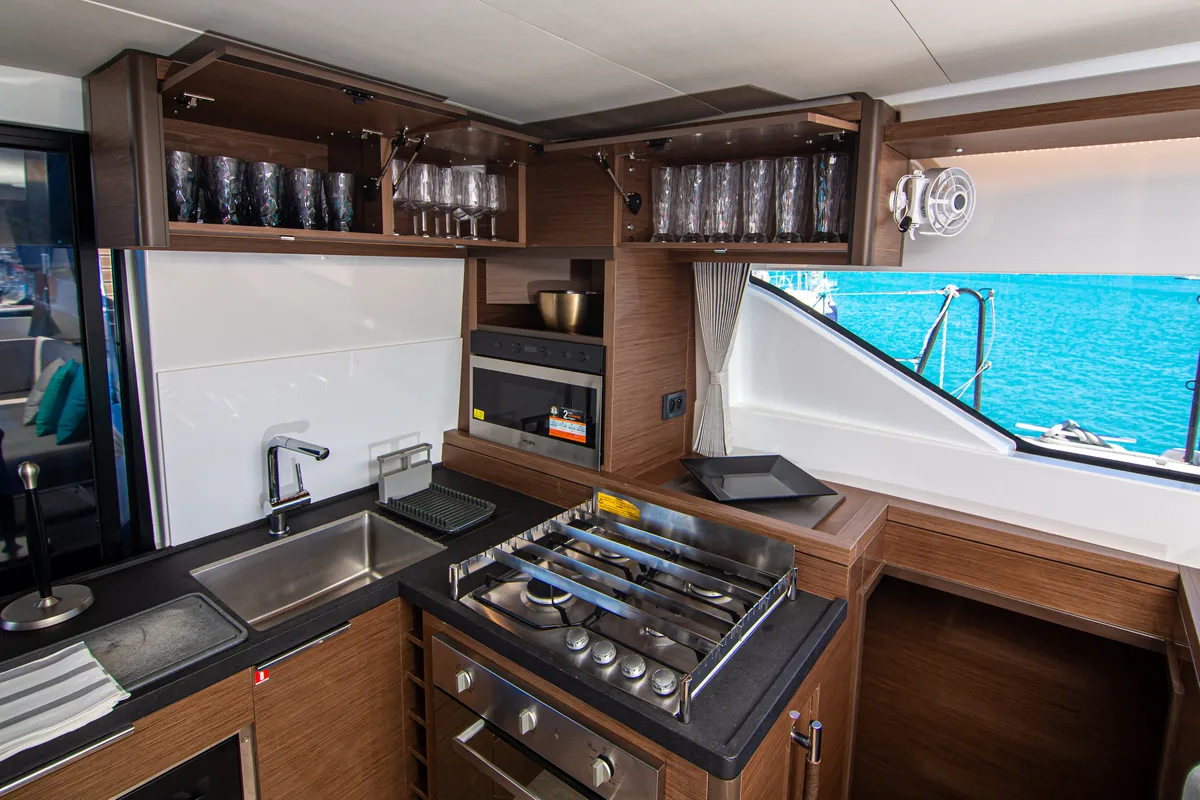 Galley of Magnum Opus, a Lagoon 50 catamaran at Preveza, Greece