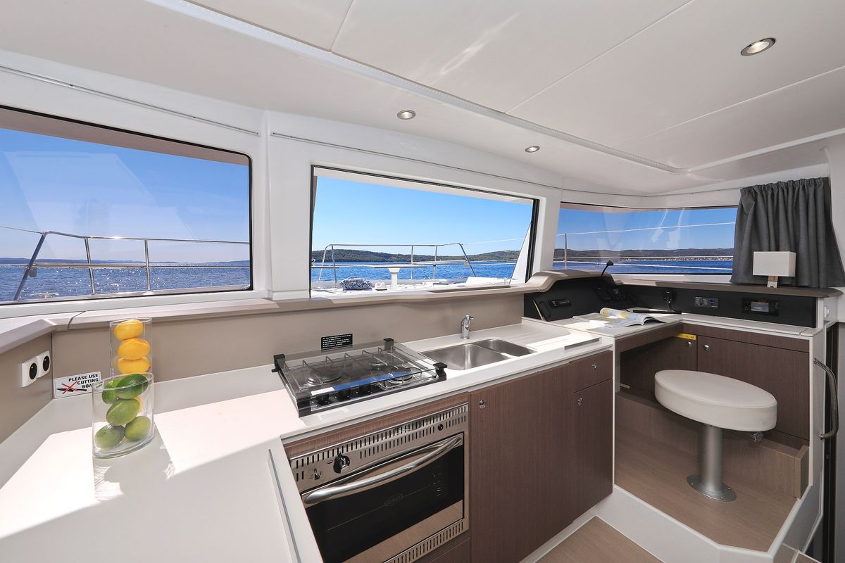 Galley of Bisou, a Bali 4.1 catamaran at Grad Šibenik, Croatia