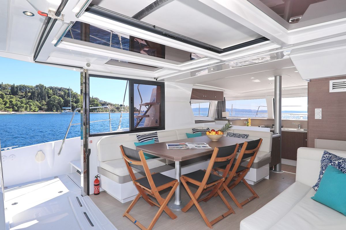 Salon of Bisou, a Bali 4.1 catamaran at Grad Šibenik, Croatia