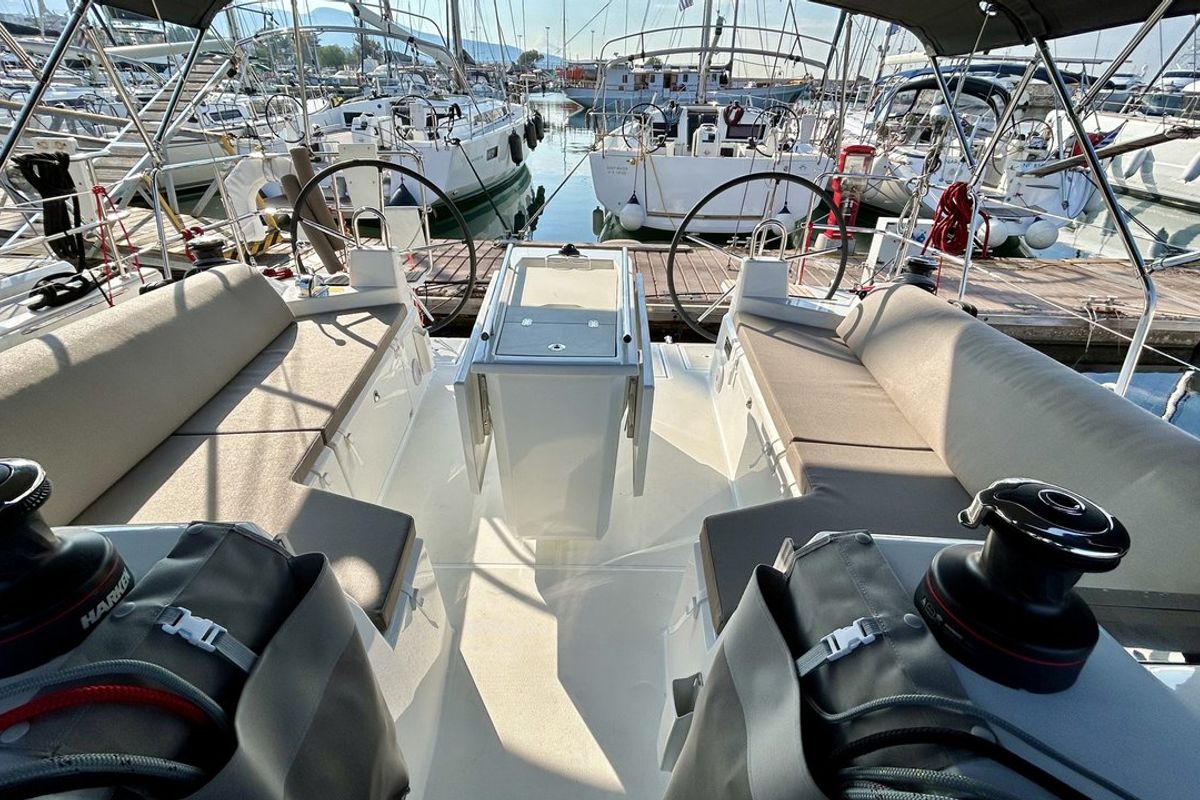 Cockpit of Valkyrie, a Beneteau Oceanis 40.1 sailboat at Kontokali, Greece