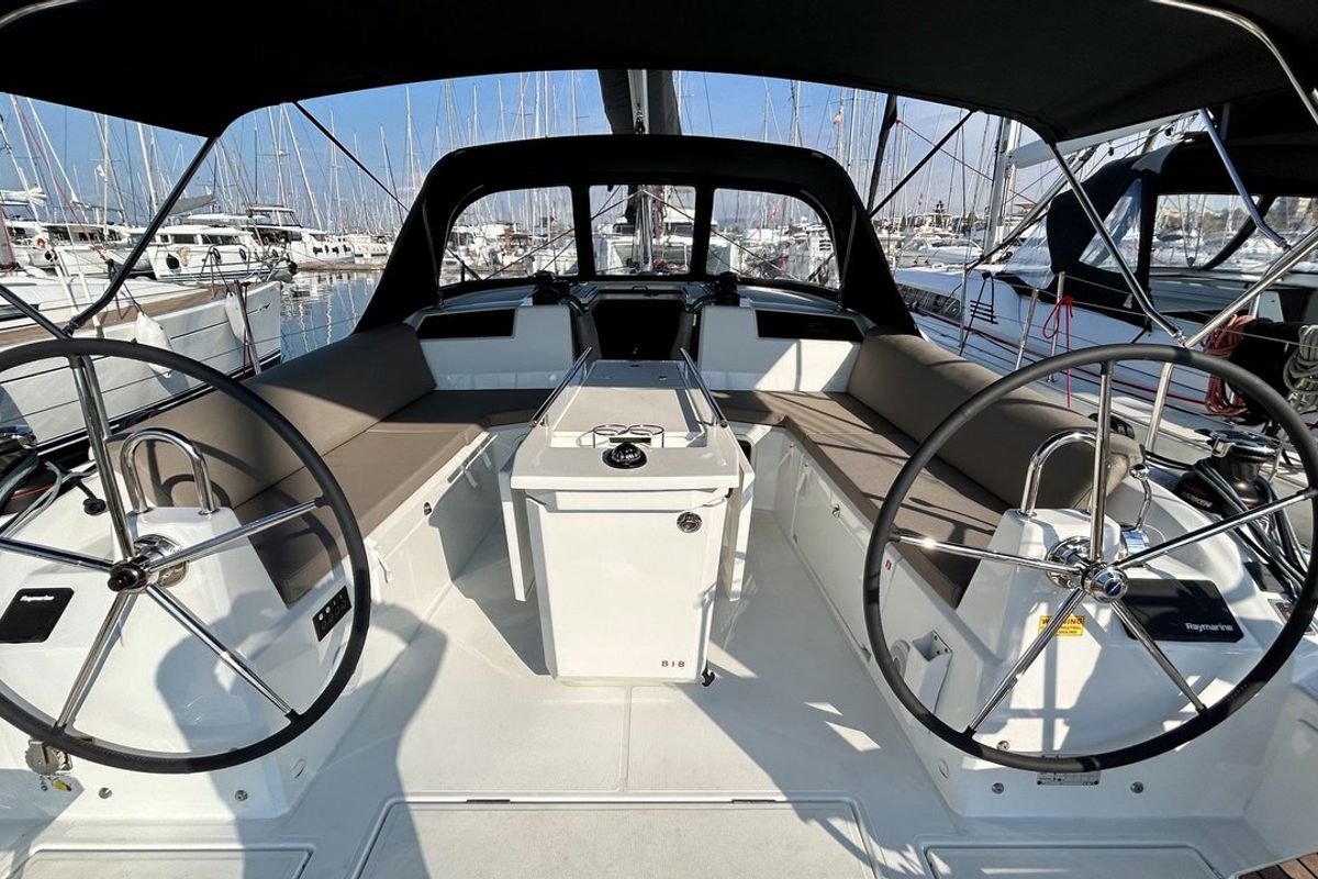 Cockpit of Valkyrie, a Beneteau Oceanis 40.1 sailboat at Kontokali, Greece