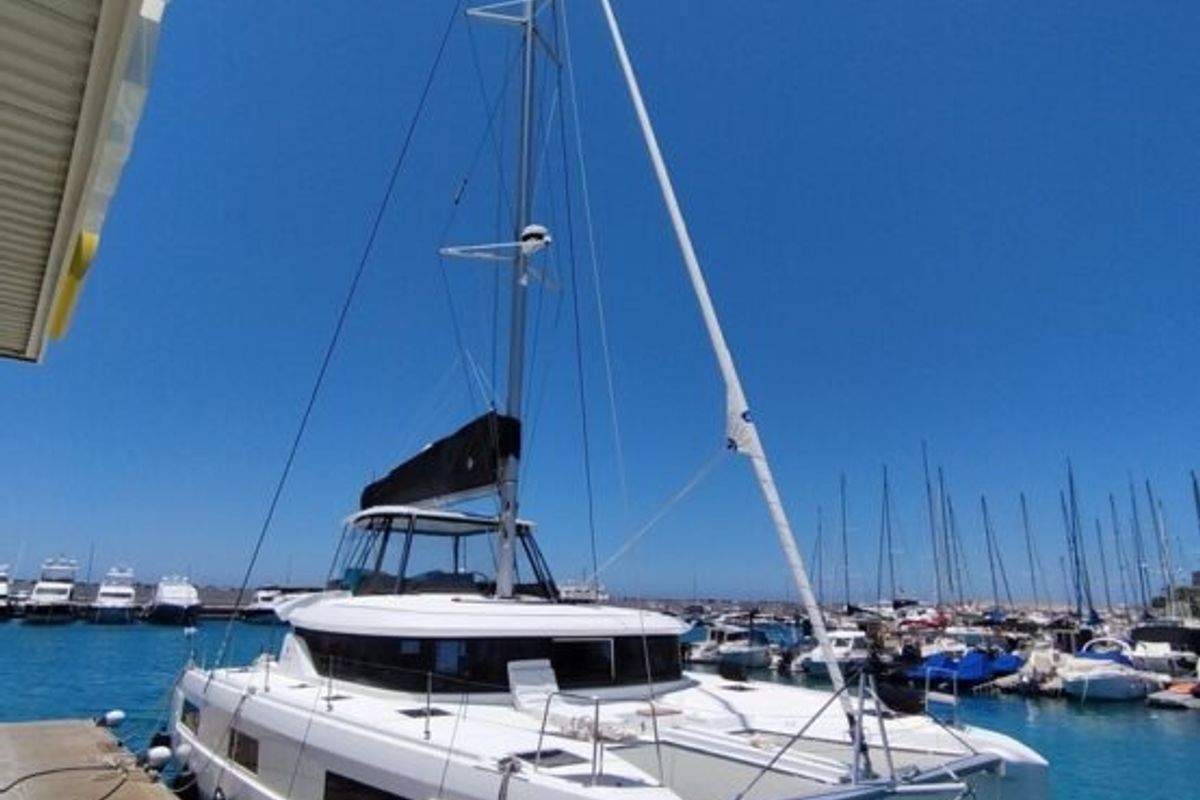 Exterior view of Keep Sailing V, a Lagoon 46 catamaran at Santa Eulària des Riu, Spain