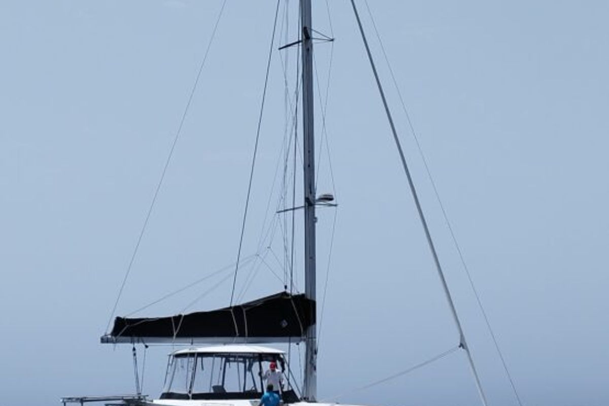 Exterior view of Keep Sailing V, a Lagoon 46 catamaran at Santa Eulària des Riu, Spain