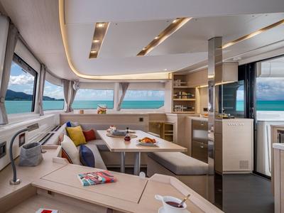 Salon of Keep Sailing V, a Lagoon 46 catamaran at Santa Eulària des Riu, Spain