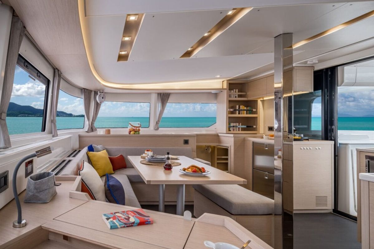 Salon of Keep Sailing V, a Lagoon 46 catamaran at Santa Eulària des Riu, Spain