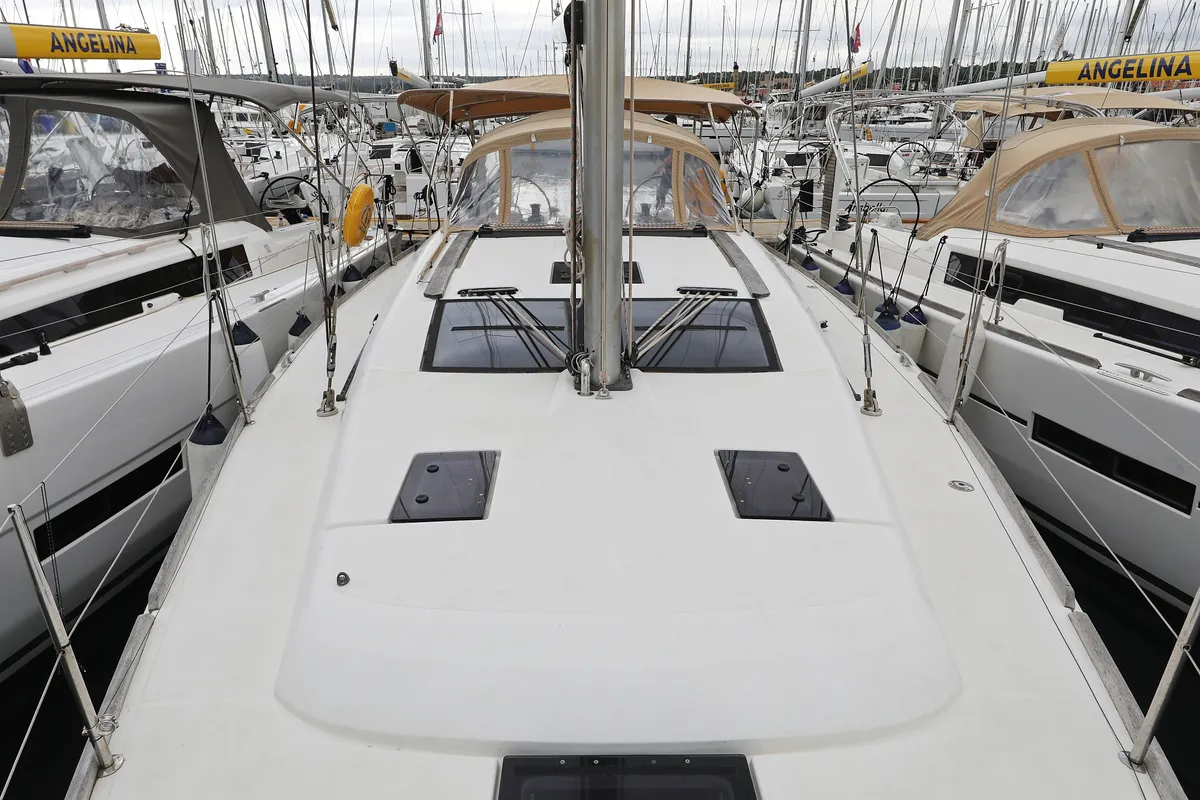 Deck of Phonix II, a Dufour 412 GL sailboat at Grad Biograd na Moru, Croatia