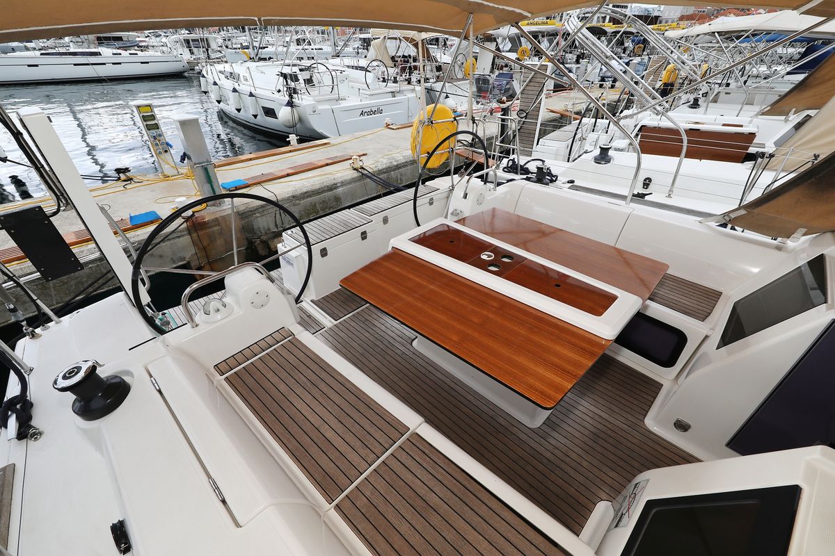 Deck of Phonix II, a Dufour 412 GL sailboat at Grad Biograd na Moru, Croatia