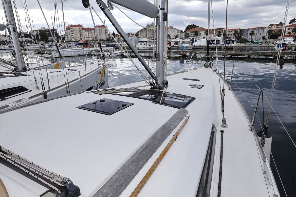Deck of Phonix II, a Dufour 412 GL sailboat at Grad Biograd na Moru, Croatia