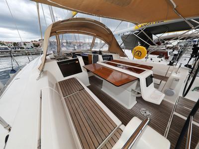 Deck of Phonix II, a Dufour 412 GL sailboat at Grad Biograd na Moru, Croatia