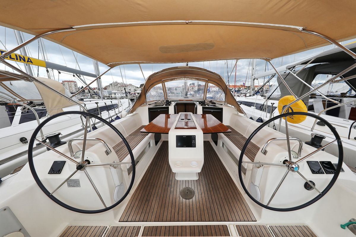 Cockpit of Phonix II, a Dufour 412 GL sailboat at Grad Biograd na Moru, Croatia