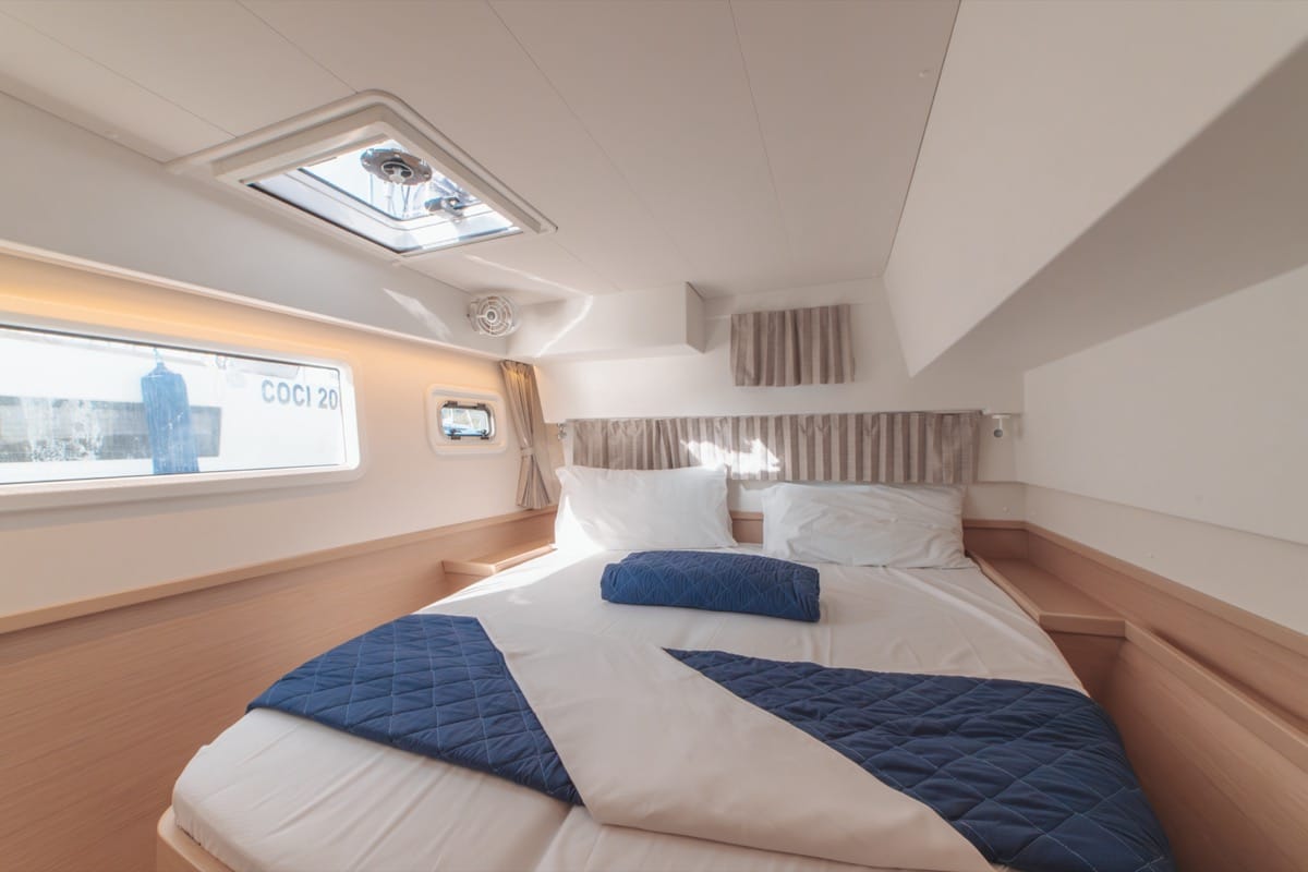Cabin on Archè III, a Lagoon 42 catamaran at Olbia, Italy