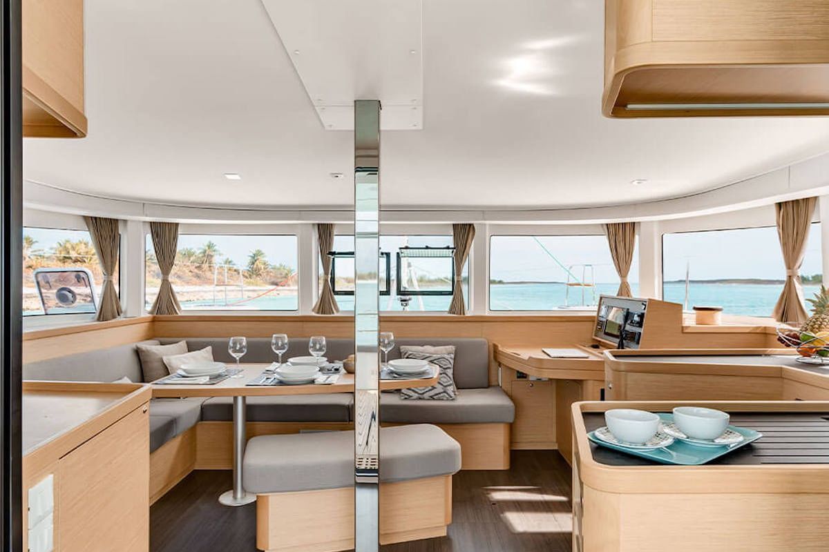 Salon of Archè III, a Lagoon 42 catamaran at Olbia, Italy