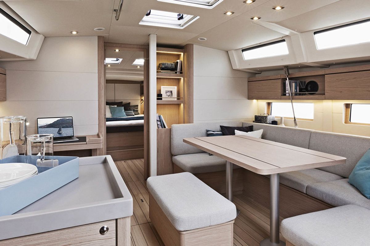 Salon of Oceanis 461/3/3 Premium, a Beneteau Oceanis 461 sailboat at English Harbour, Antigua and Barbuda