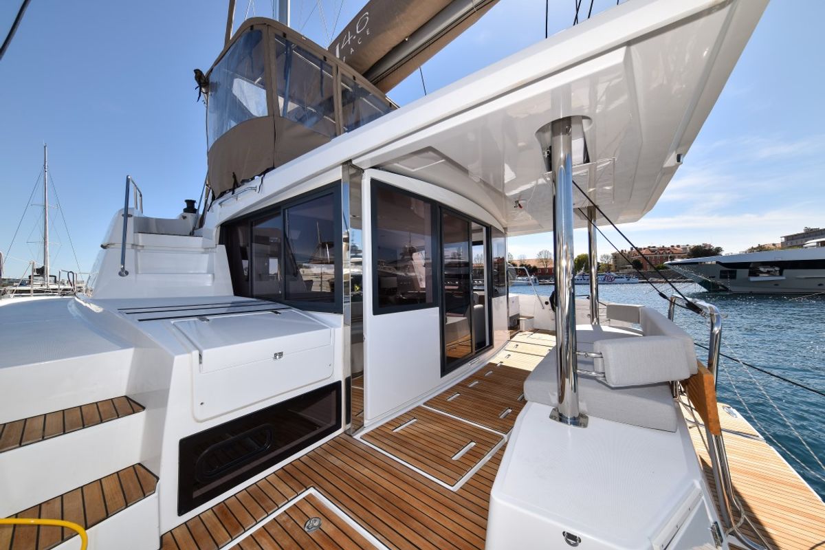 Deck of Destiny (Ex: Jako 1), a Bali 4.6 catamaran at Zadar, Croatia
