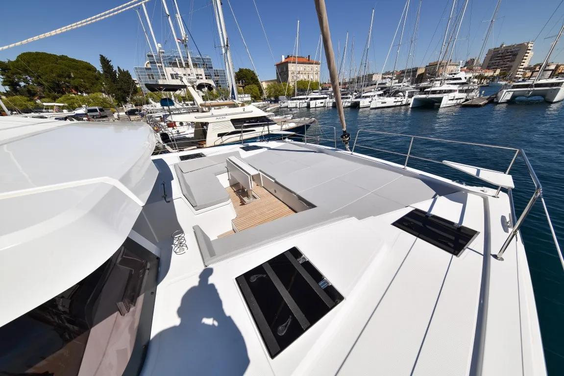 Deck of Destiny (Ex: Jako 1), a Bali 4.6 catamaran at Zadar, Croatia