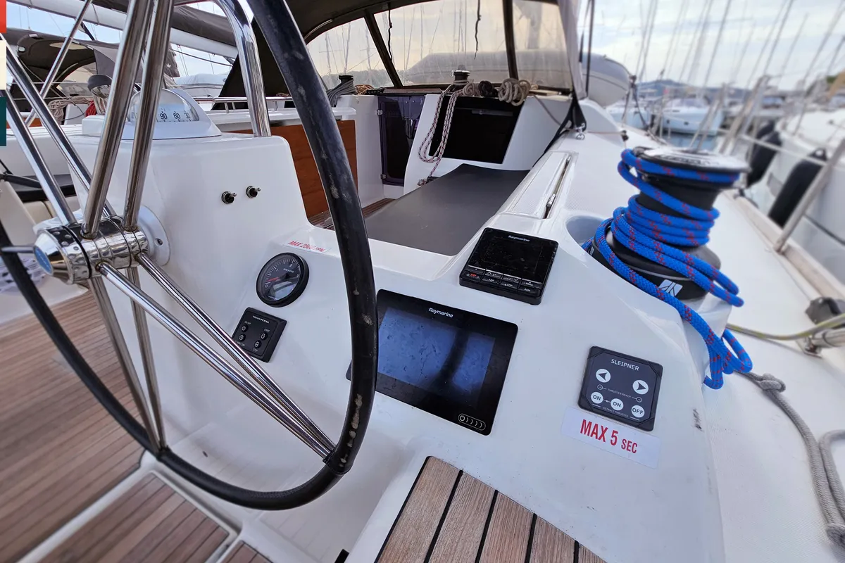 Cockpit of Nadine AC/Gen, a Dufour 460 Grand Large sailboat at Općina Rogoznica, Croatia