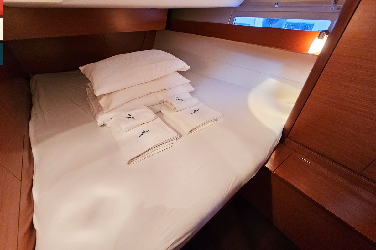 Cabin on Nadine AC/Gen, a Dufour 460 Grand Large sailboat at Općina Rogoznica, Croatia