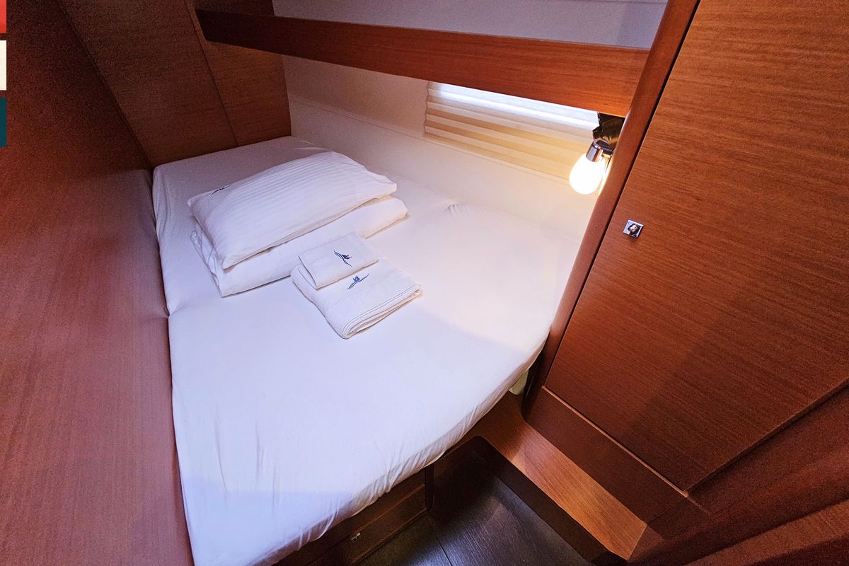 Cabin on Nadine AC/Gen, a Dufour 460 Grand Large sailboat at Općina Rogoznica, Croatia