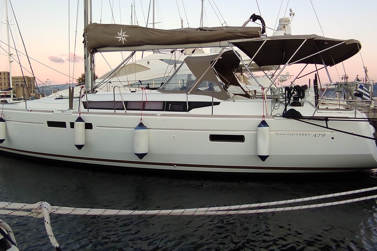 Exterior view of Joy, a Jeanneau Sun Odyssey 479 sailboat at Municipal Unit of Elefsina, Greece